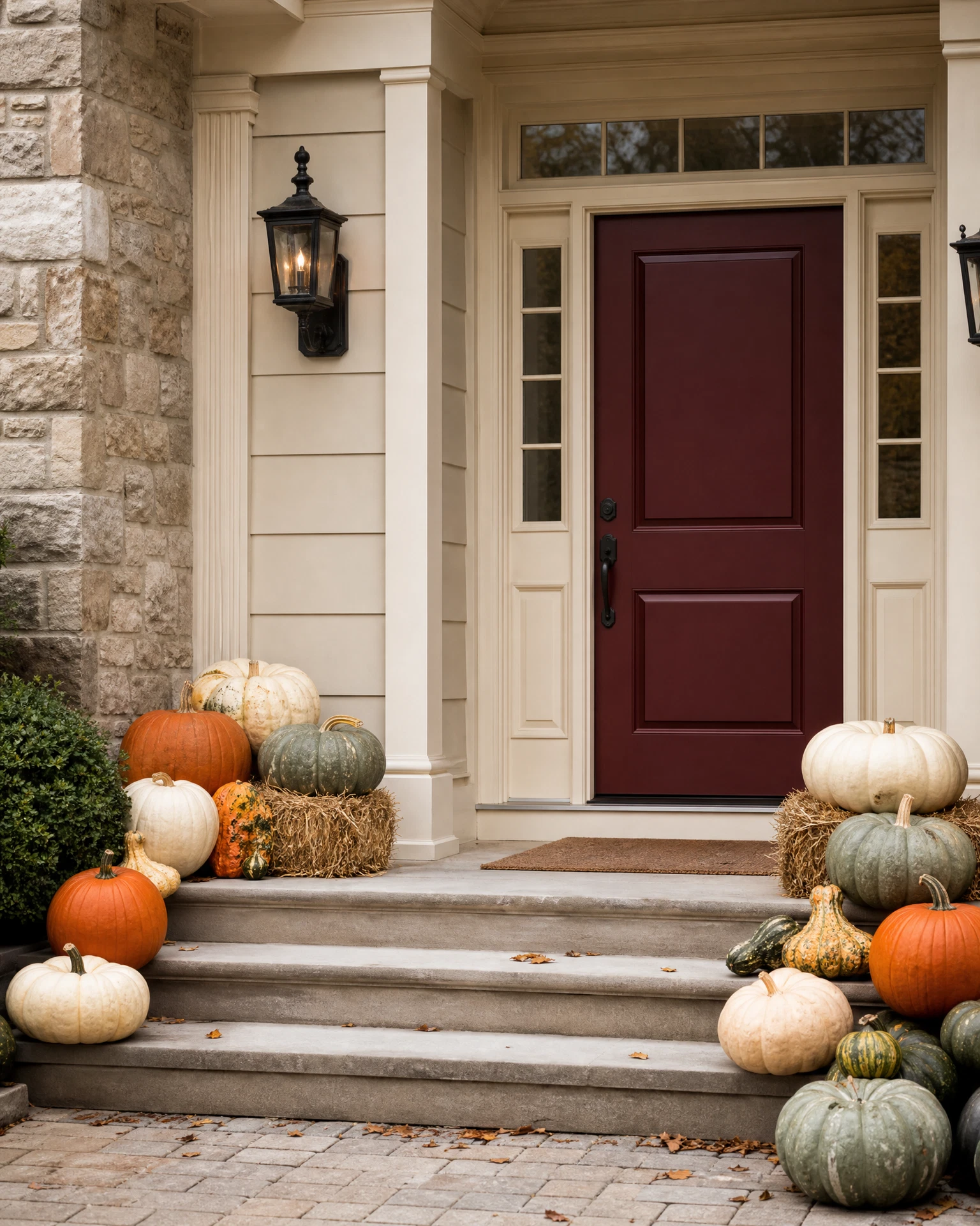 An elegant fall pumpkin and gourd display arranged around a traditional front doorway